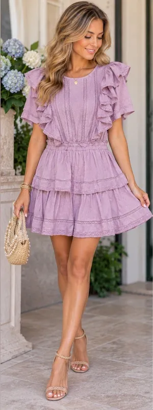 LoveShackFancy Natasha Dress Wisteria Purple Ruffle Lace Mini Dress Size Large thumbnail 1