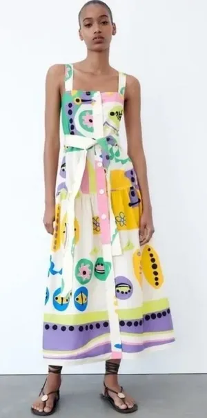 Zara Abstract Print Midi Dress XS Pop Art Belted Button‎ Front Colorful Resort thumbnail 1
