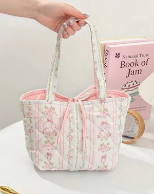 Boutique Floral Quilted Pink Tote Bag with Tie Closure thumbnail 1