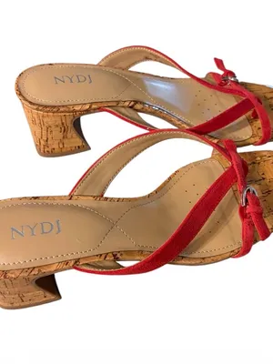 NYDJ Red Suede Cork Square Toe Thong Heeled Sandals Women's Size 7 New thumbnail 4