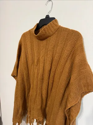 Ultra Flirt Cozy Fringe Mock Neck Poncho in Tan/Brown thumbnail 4