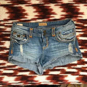 Y2K 2000s Micro Mini Baddie Low Rise Denim Jean Shorts Bedazzled Khaki Brown Stitching Ripped Distressing Cuffed Hem-Size 29 #wings #gothic #whimsygoth #cross #angel cyber punk biker thumbnail 1