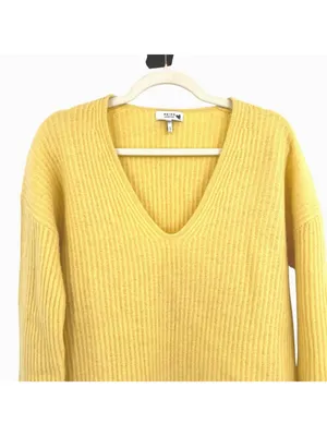 Reiss Yellow Wool Cashmere Blend Ribbed V-Neck Sweater Size Small Quiet Luxury thumbnail 2
