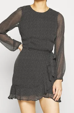 Abercrombie & Fitch Black Polka Dot Long Sleeve Ruffle Wrap Mini Dress‎ Womens M thumbnail 1