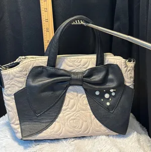 Betsey Johnson Cream Quilted Rose Satchel Black Bow Pearl Stud Handbag thumbnail 1