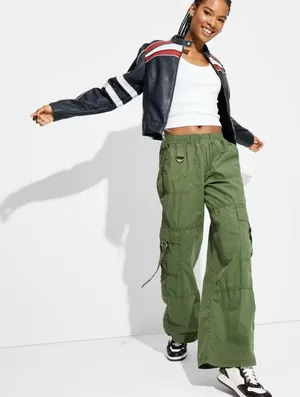 Olive Green Wide Leg Cargo Pants thumbnail 1