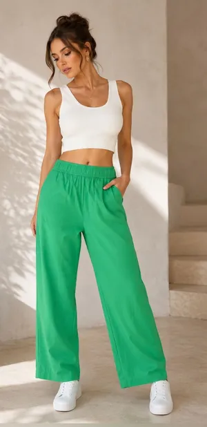 Green Wide-Leg Elastic-Waist Pants Cotton Pockets L thumbnail 1