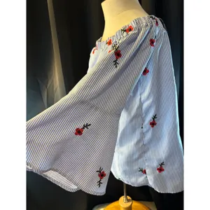 Always Indigo Womens XL Blue White Striped Poppy Floral Off Shoulder Blouse Top thumbnail 2
