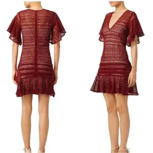 Marissa Webb Cybil Maroon Lace Flutter Sleeve Dress Size Small Sheer Lace Drama thumbnail 2