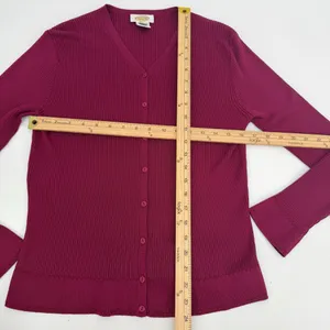 Talbots Silk Cardigan Sweater Womens M Cranberry Burgundy Ribbed Button Front LS thumbnail 6