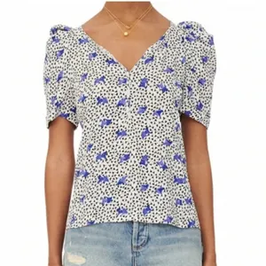 MAJE Lensam Floral Leaf Blue/White V-neck Short Puff Shoulder Blouse Size Small thumbnail 5