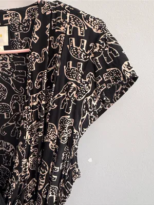 Maeve Anthropologie Large Elephant Print Wrap Dress Black Tan Belted thumbnail 5