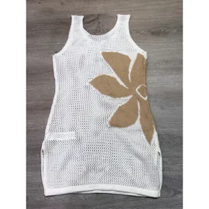 Women's Size Small Ivory Crochet Knit Mini Dress Beige Leaf Beach Cover Up thumbnail 3