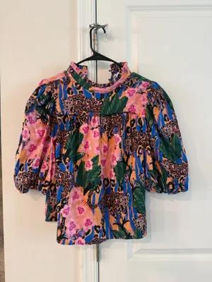 Alden Adair Floral Leopard Print Puff Sleeve Top M thumbnail 2