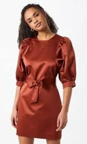 Samsoe Samsoe Celestina Short Dress Brandy Brown Satin Puff Sleeve NWT Size S thumbnail 1