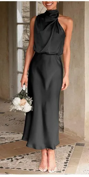 NEW Satin Elegant Sleeveless Mock Neck Cocktail Maxi Dress L thumbnail 5