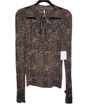 Free People Square Neck Copper Animal Print Pullover Tie Neck Long Sleeve Top Xs thumbnail 4