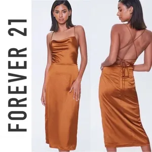 Forever21 Copper brown Satin Cowl Neck Midi slip Dress spaghetti straps S thumbnail 2
