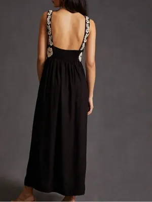 Anthropologie Floral Embroidered Maxi Dress Womens XS Black NWT Convertible Back thumbnail 2