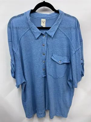 We The Free oversized linen cotton Button-Front Pocket Tee L collared sheer top thumbnail 1
