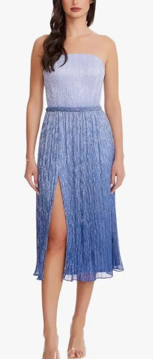 Dress The Population Blue Ombre Strapless Pleated Metallic Midi‎ Dress New thumbnail 1
