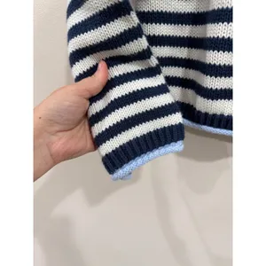 American Eagle Striped Knit Sweater Navy White Light Blue Trim Women Small thumbnail 3