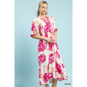Umgee Floral Print Midi Dress with Contrast Trim - Cream - Small thumbnail 2