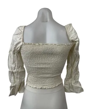 Reformation White Linen Smocked Square Neck 3/4 Puff Sleeve Crop Blouse Top XS thumbnail 1