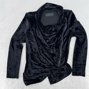 Black Velvet Shirt Asymmetric Zipper Front Peplum Back Draped Neck BlankNYC Sz S thumbnail 1