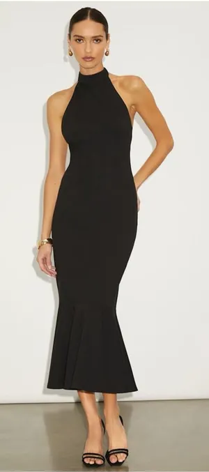 LULU’S Chic Masterpiece Black Backless Trumpet Hem Midi Dress thumbnail 1