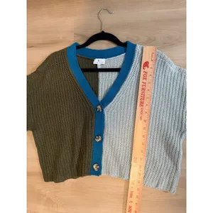 True Craft Cardigan Multicolor Green Blue L Women Colorblock Cropped Knit V-Neck thumbnail 2