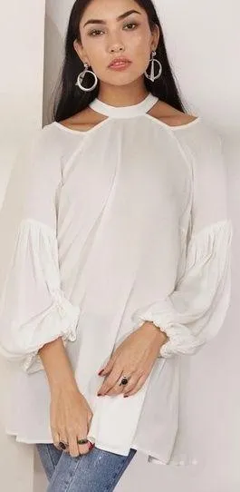 Free People Drift Away White Cold Shoulder Balloon Sleeves Tunic Dress Medium thumbnail 1