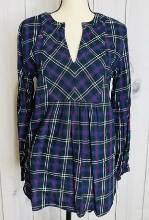 Ann Taylor Loft Plaid Tunic Blouse Women's Sz M V-Neck Black Blue Red thumbnail 1