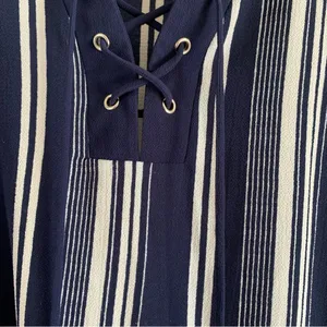 Karina & Chloe Womens XL Navy White Stripe Lace Up Peasant Boho Blouse Top thumbnail 5