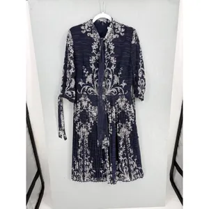 Picobell Womens Midi Dress Navy Blue Damask Pleated Tie Neck Size 42 thumbnail 2