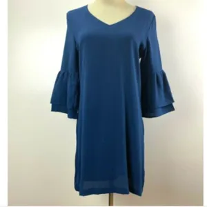 Belongsci Shift Dress Women XS Blue Tiered Bell Sleeve‎ V-Neck Mini 8817# thumbnail 2
