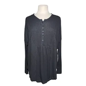 FREE PEOPLE Women’s Boho Leo Henley Black Long Sleeve Knit Top thumbnail 4