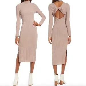 Floret Studios New Twist Open Back Long Sleeve Ribbed Sweater Dress Mocha thumbnail 2