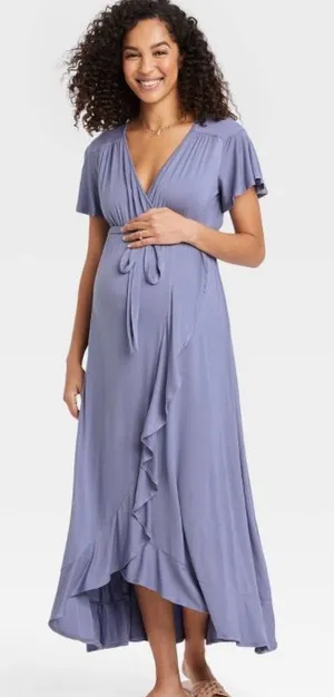 NWT Ingrid & Isabel Lavender Ruffle Flutter Sleeve Faux Wrap Maternity Dress S thumbnail 1