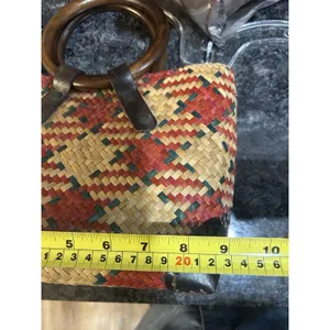 Small Woven Straw Handbag Purse With Wood Handles Lined Boho Beach Native Bag thumbnail 5