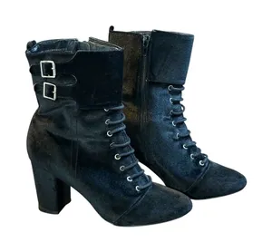Jiba Velvet Lace Up Ankle Boots Womens 8 Black Goth‎ Victorian Steampunk Buckle thumbnail 1