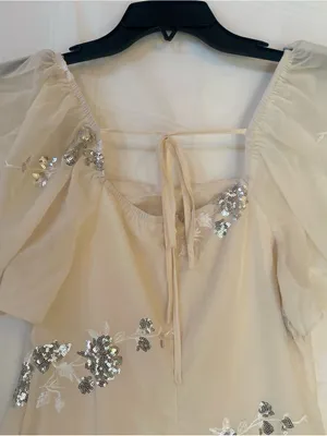 Cream Midi Dress with Silver Sequin Floral Embellishments, Ruffled Hem, Medium. thumbnail 9