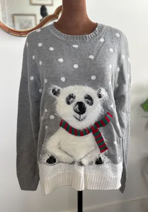 Holiday Time Womens‎ Gray Polar Bear Christmas Sweater M Festive Holiday Outfit thumbnail 1