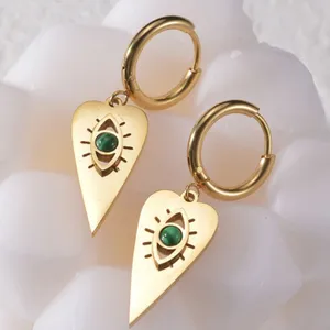 Malachite Center Stone Dangling Heart Gold Hoop Earrings thumbnail 4