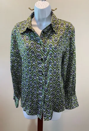 Zara Satin Button Up Top Size M Green Abstract Boho Desi Print thumbnail 1