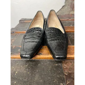 Vintage Talbots Black Croc Embossed Leather Loafers Size 7 90s Minimalist thumbnail 7
