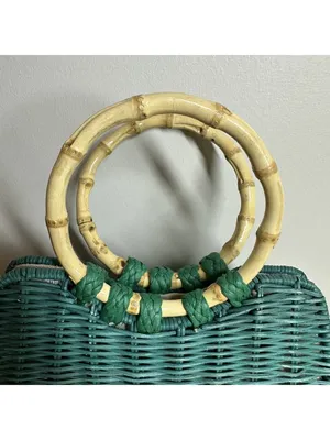 Zara Turquoise Woven Straw Tote Bamboo Ring Handles Beach Resort Handbag Boho thumbnail 2