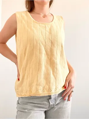 Vintage Butter Yellow Embroidered Flower Sleeveless Knit Top thumbnail 3