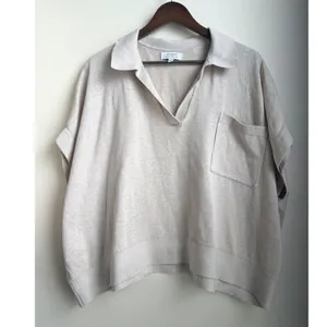 Banana Republic Cotton Linen Blend Polo Sweater Oatmeal Beige Short Sleeve M/L thumbnail 2