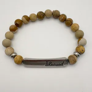 Blessed Bar Beaded Bracelet Women OS‎ Brown Jasper Stone Faith Jewelry Religious thumbnail 4